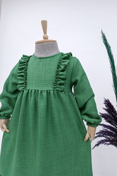 Betül Akbay Kız Çocuk Keten Elbise Buse Model Uzun Tesettür Elbise Yeşil