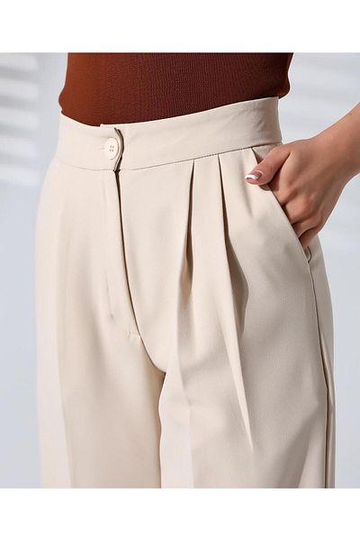 aytenli Front Pleated High Waist Wide Leg Pocket Double Fabric Trousers