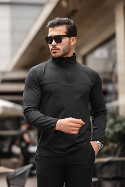 ROBERTO BORNOVA Μαύρο φούτερ με μισό φερμουάρ από ύφασμα κατάδυσης