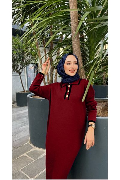 MAXXANA Oversize Buttoned V-Neck Ribbed Knitwear Hijab Dress