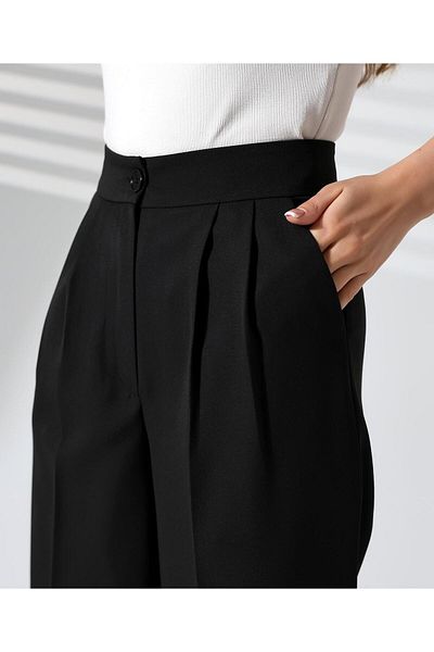 aytenli Front Pleated High Waist Wide Leg Pocket Double Fabric Trousers
