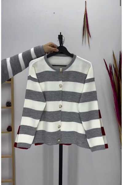 MODA VEDAT Women's Button Detailed Streifened Cardigan