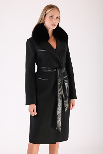 Leather Club Siyah Fox Kürk Aksesuarlı Kaşmir Kaban