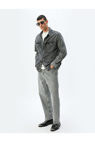 Koton Baumwoll-Langarm-Jeanshemd-Jacke – Kappe mit Taschendetail