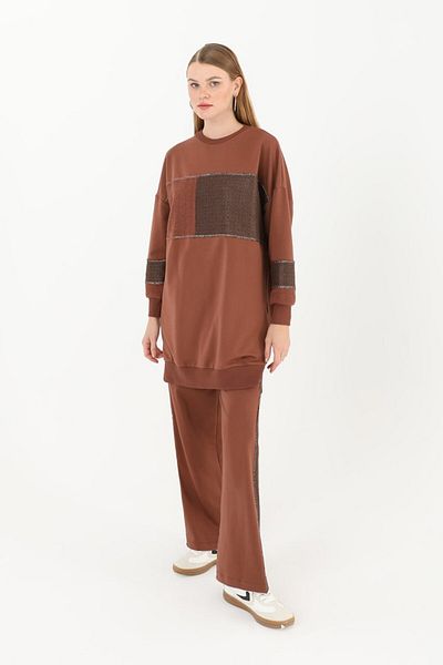 Puane Women's Tunic and Trousers Set with Bright Stripe Detail - Brown 14250