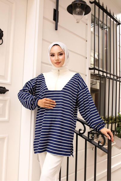 Bold Grup Women's Modal Fabric Half Zipper Striped Tunic