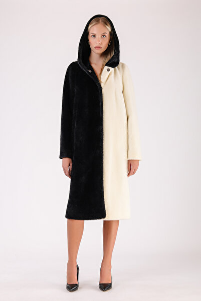 Leather Club Siyah Beyaz Kontrast Yün Kaban