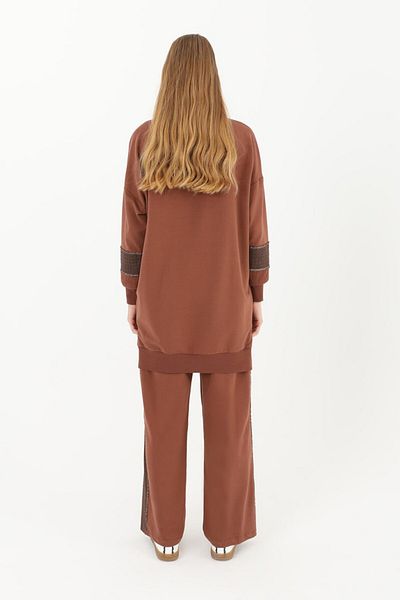 Puane Women's Tunic and Trousers Set with Bright Stripe Detail - Brown 14250