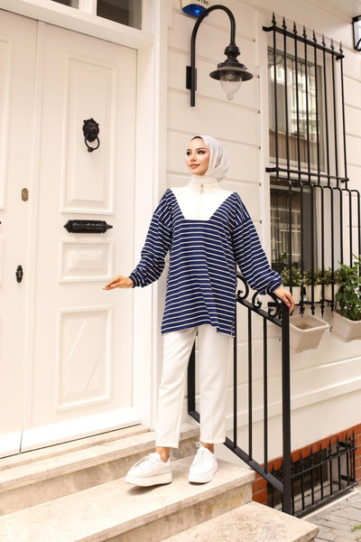 Bold Grup Women's Modal Fabric Half Zipper Striped Tunic