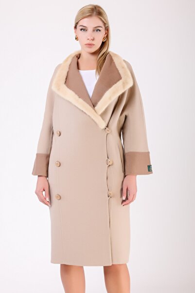 Leather Club Bej Mink Kürk Aksesuarlı Alpaka Yün Kaban