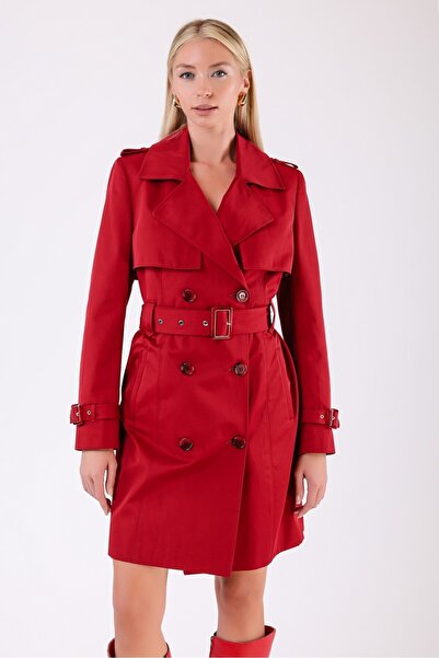 Leather Club Kırmızı Su Geçirmez Fiber Trench Kaban