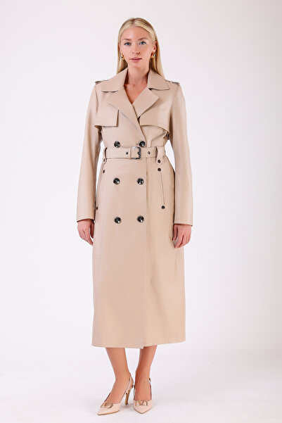 Leather Club Bej Hakiki Deri Trench Kaban