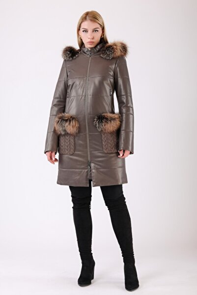 Leather Club Bej Kürk Aksesuarlı Hakiki Deri Kaban