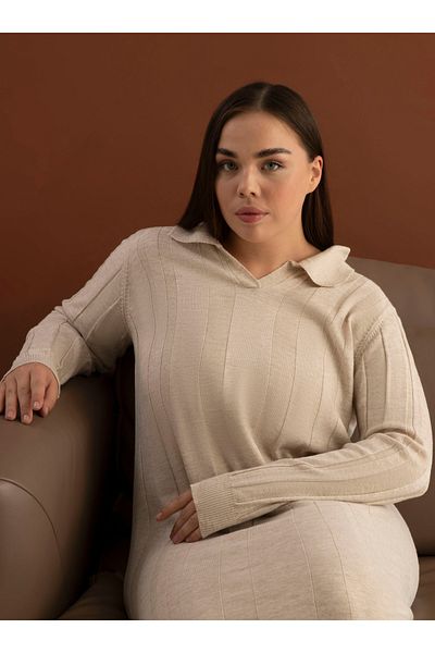 ALİA Polo Neck Plus Size Knitwear Hijab Φόρεμα - Μπεζ - Alia