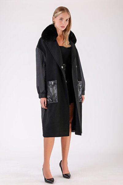 Leather Club Siyah Fox Kürk Aksesuarlı Kumaş Garnili Kaşmir Kaban