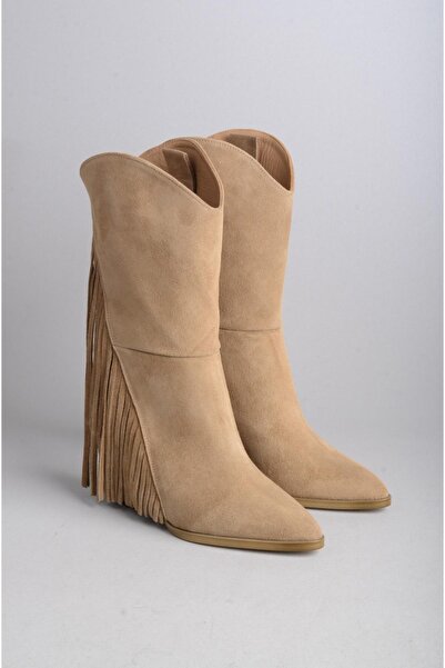 SEÇ KUNDURA SEÇ 55060 HAKİKİ DERİ PÜSKÜLLÜ TOPUKLU KADIN ÇİZME (Topuk Boyu:8 cm) VİZON SÜET