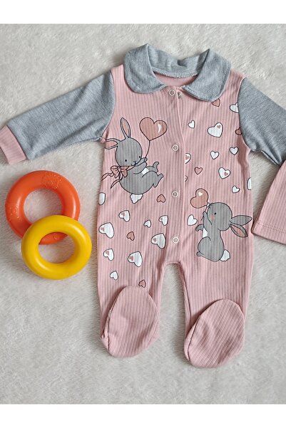 MİNİCEY BABY Baby Girl Rabbit Printed Baby Jumpsuit 100% Cotton