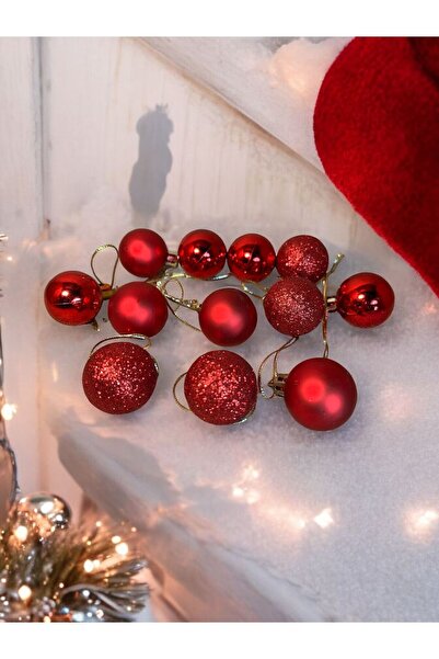 Happyland Yılbaşı Çam Ağacı Süsü 3 Cm 12 Adet Mini Kırmızı Yılbaşı Topu Kırmızı Yılbaşı Topları