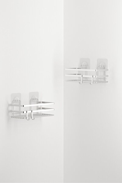 Teknotel Yapışkanlı Kancalı Şampuanlık 2 Adet Banyo Rafı Silver St281h