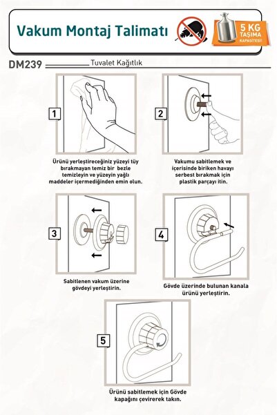 Teknotel Delme Vida Matkap Yok! Vakumlu Tuvalet Kağıtlık, Tuvalet Kağıdı Askısı Mat Siyah Dm239