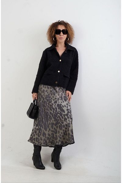 Zelish My Sister Fusta din satin cu model leopard kaki