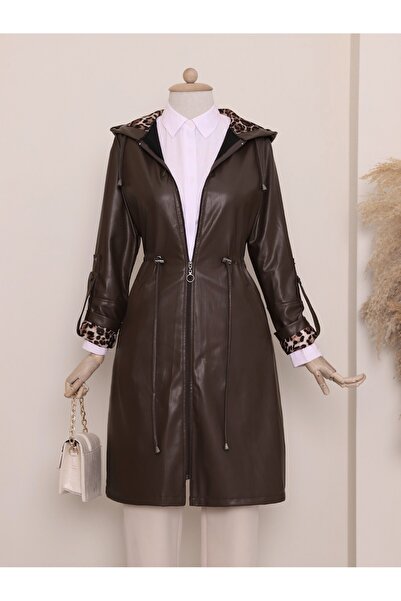 Modamorfo Kolu Katlamalı Beli Bağcıklı Kapşonlu Deri Kap -kahve