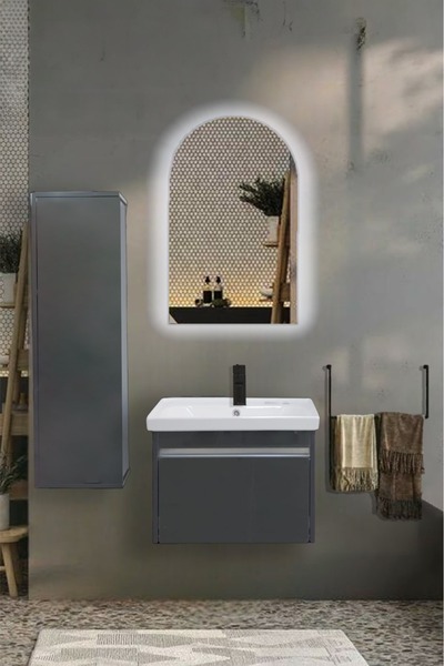 USART BANYO Line 60 Antrasit Gri Parlak Yüzey Banyo Dolabı Takimi, BEYAZ Led, Boy Dolabı HEDİYE
