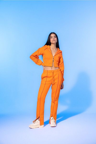 ŞEBNEM GÜNAY Vivid Flame Orange Zip-Up Cropped Hoodie