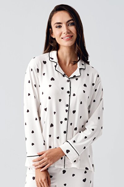 Artış Thermal Long Sleeve Buttoned Heart Pattern Stretchy Soft Textured Maternity Pajamas Suit