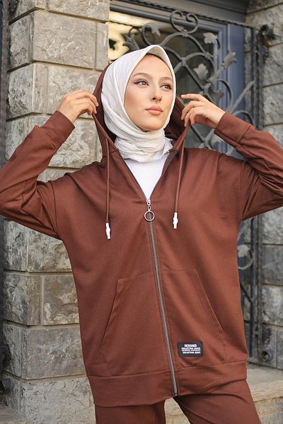 İmajButik Καφέ Σετ αθλητική φόρμα με κουκούλα δύο κλωστών με τσέπες