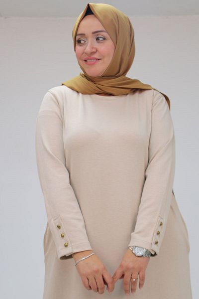 Eslina 42031 Μπεζ φόρεμα Osyho Plus Size - με τσέπες και πατιλέτα