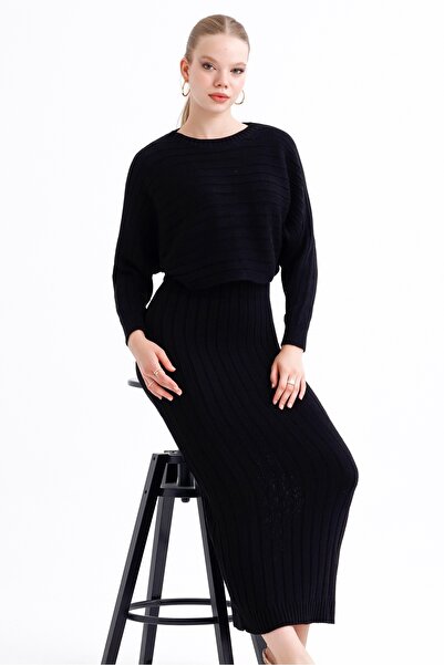 MD trend Жіночий плетений светр та подвійна сукня з V-подібним вирізом на бретелях з подвійним трикотажним набором