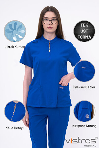 Vistros Medikal Likralı Yüksek Kaliteli Likralı Saks Mavi Scrubs Hemşire Dokt...