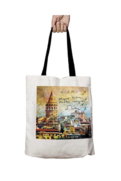 ART HEDİYE Galata Tower Life Short Washable School Shoulder Bag with Black Ha...