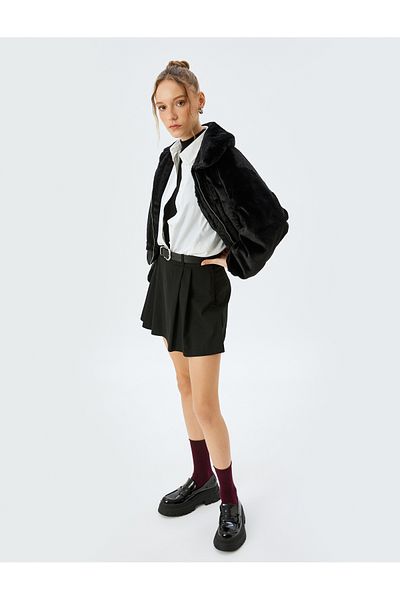 Koton Faux Fur Jacket with Stand Collar Zippered Pocket Detail