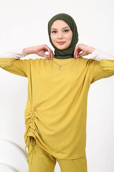 İmajButik Λαδί κοστούμι περιτυλίγματος με μαζεμένο κολιέ μπροστά
