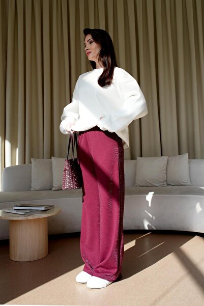 Tuba Butik Women's Burgundy Trousers with Wide Leg Glitter