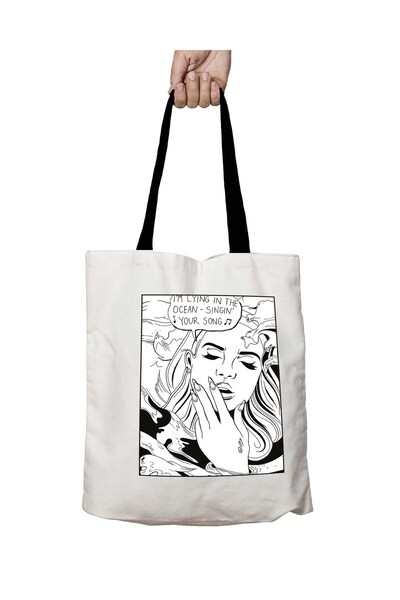 ART HEDİYE Lana Del Rey Cartoon Washable School Shoulder Bag with Black Handles