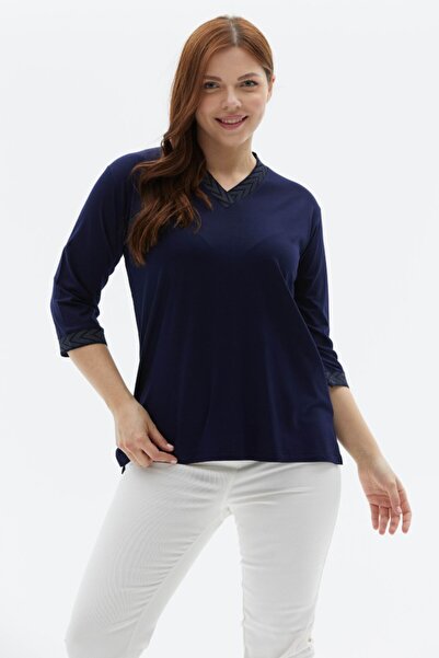 Selen Giyim Büyük Beden Yanı Yırtmaçlı Simli Ribanalı Penye Bluz