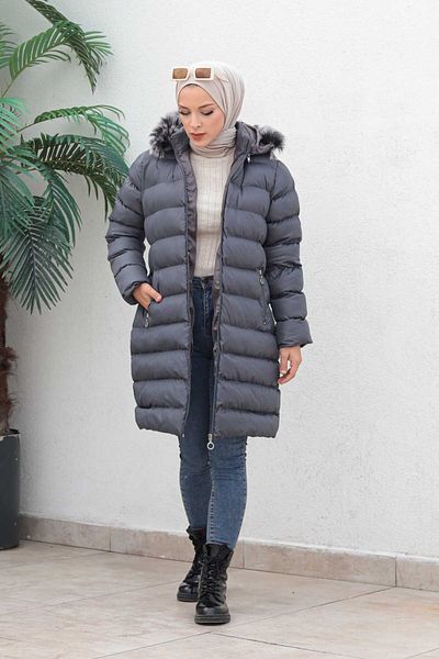 İmajButik Smoked Plus Size Hooded Hijab Puffer Coat