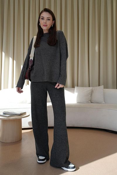 Tuba Butik Wide Leg Soft Textured Anthracite Women's Trousers