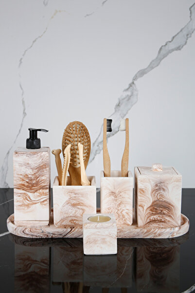 betonmall Σετ μπάνιου από μάρμαρο 7 τεμαχίων από σκυρόδεμα Δοχείο υγρού σαπουνιού Θήκη οδοντόβουρτσας Βαμβακερή θήκη για κεριά Δίσκος γλάστρα