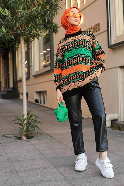 İmajButik Black Patterned Casual Knitwear Sweater