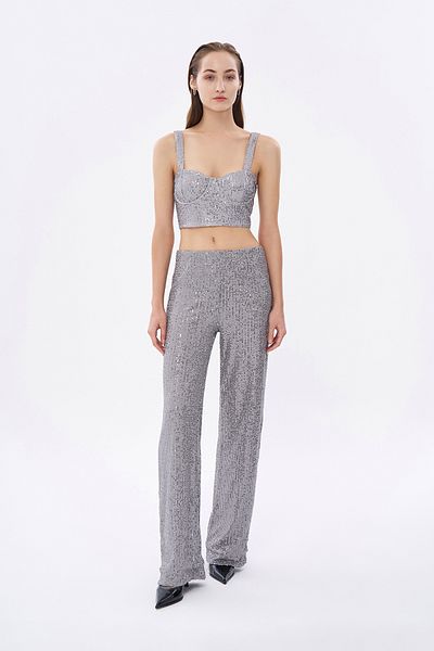 Quzu Gray High Waist Sequined Trousers