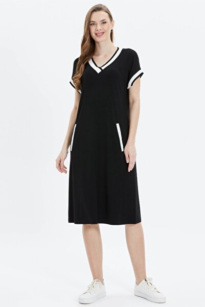 Selen Giyim Yakası ve Fleto Cebi Ribanalı Penye Elbise