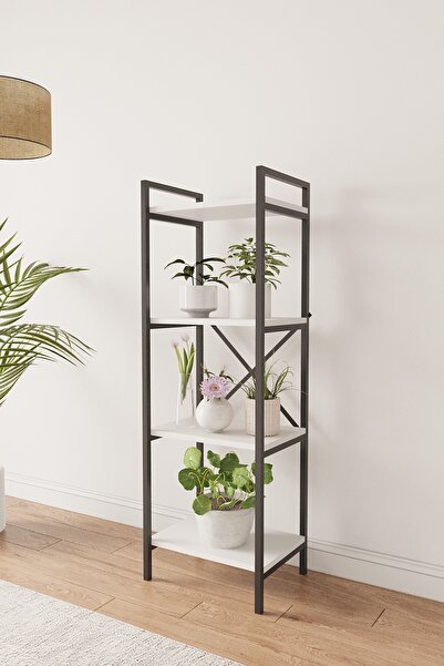 Mobitopya Nilamu Beyaz Saksılık, 4 Raflı, Metal Aksamlı, Kitaplık, Organizer, Ofis, Ev, Dekoratif 45*135*30 Cm
