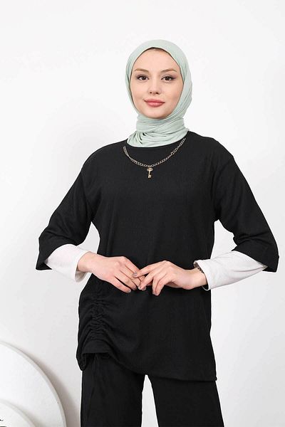 İmajButik Μαύρο κοστούμι περιτυλίγματος με μαζεμένο κολιέ