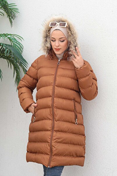 İmajButik Camel Plus Size Hooded Hijab Puffer Coat