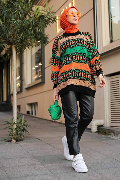 İmajButik Black Patterned Casual Knitwear Sweater