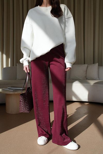 Tuba Butik Women's Burgundy Trousers with Wide Leg Glitter